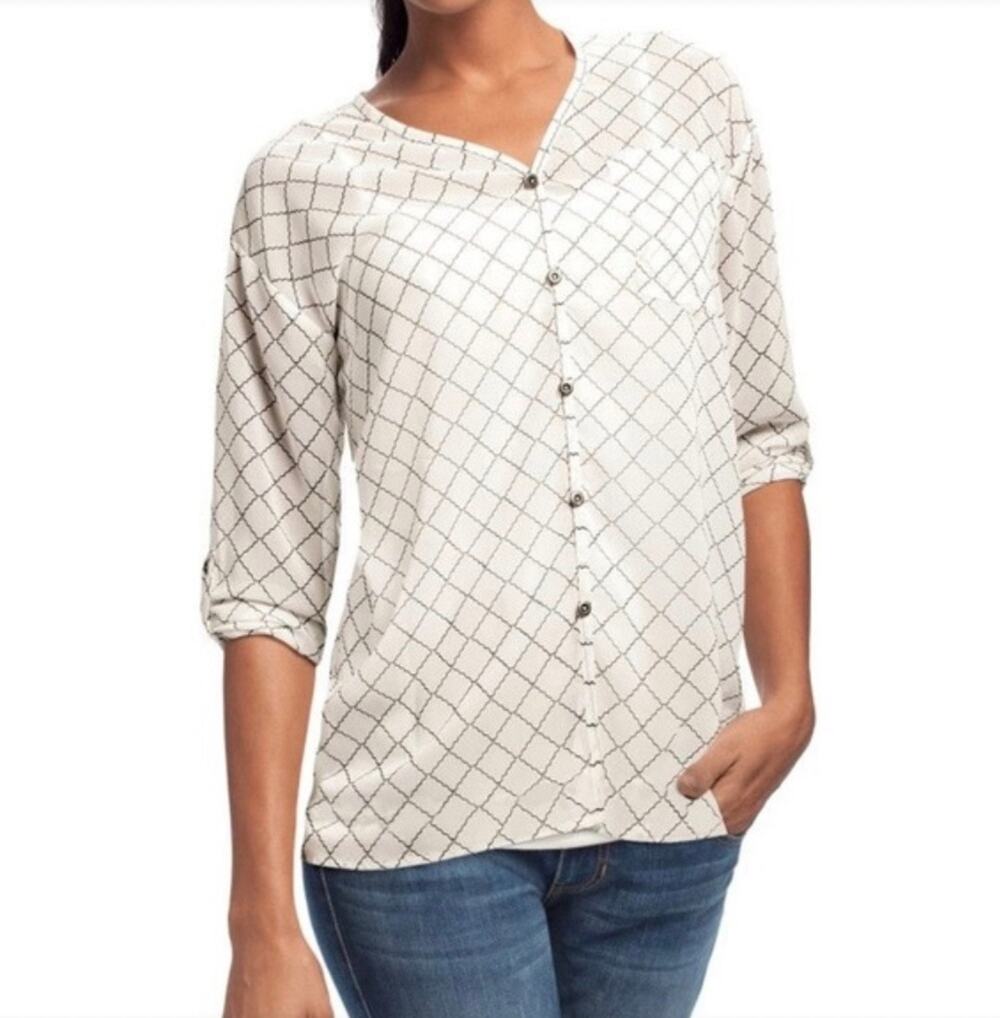 CAbi Women's XL White Black Sheer Geometric Print Button Front Blouse Tunic Top
